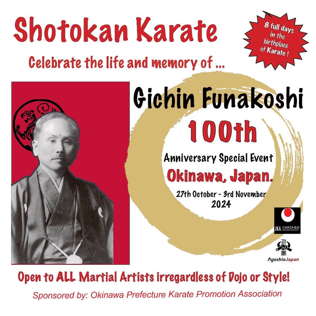 Bookings will open soon for this once in a lifetime  100th Anniversary event to celebrate Gichin Funakoshi.  A full program will be posted very soon. Expressions of interest open to all styles of Karate can be made by sending a DM or email to contact@ageshiojapan.com
We hope to see you in Okinawa - the birthplace of Karate 

#karate #shotokan #shorinryu #martialarts #okinawa